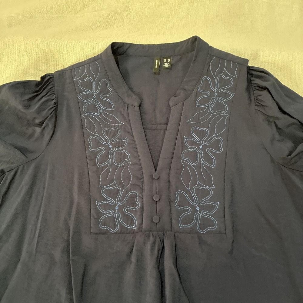 Women's Top Navy Blue XL Peasant Blouse Kari Embroidered Boho‎ Chic Relaxed Cozy - Picture 5 of 12